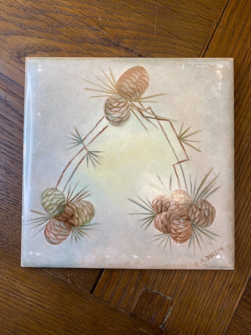 VTG Hand-Painted Wheeling Cushion Ceramic Tile Trivet Pinecone Artist Signed